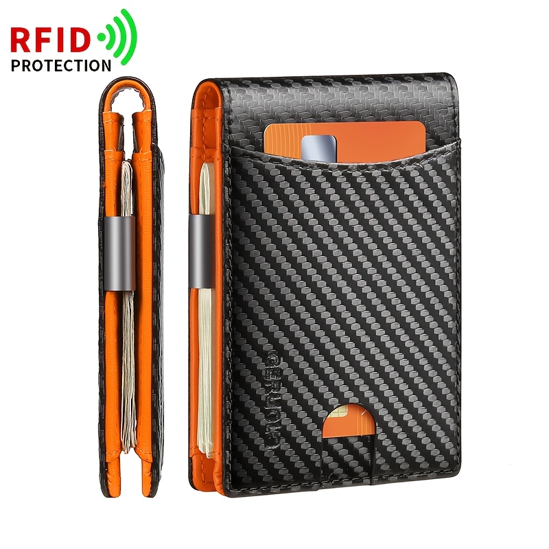TEMU Rfid Blocking Men's Carbon Fiber Wallet, Minimalist Ultra-thin Bifold Credit Card Holder, Portable Front Pocket Wallet With Coin Purse, Ideal