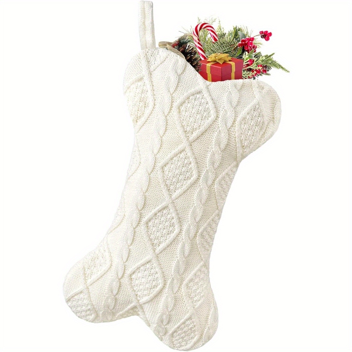 TEMU White Knitted Christmas Stocking For Dogs, Featuring A Bone Shape, Hanging And Suitable For Dogs And Cats