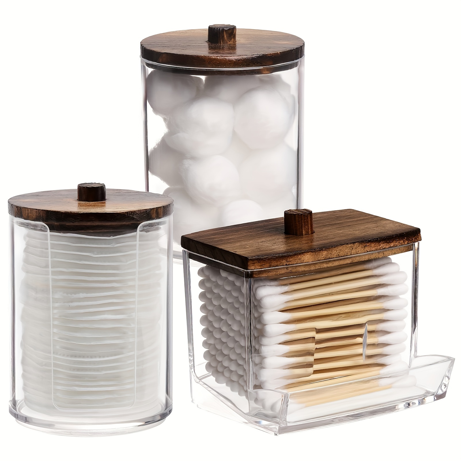 

3-piece Qtip Organizer Set: Clear Plastic And Wooden Lids For Cotton Balls, Swabs, Pads, Floss, And 7/10 Oz. Storage Jars - Perfect For Bathroom And Vanity Organization