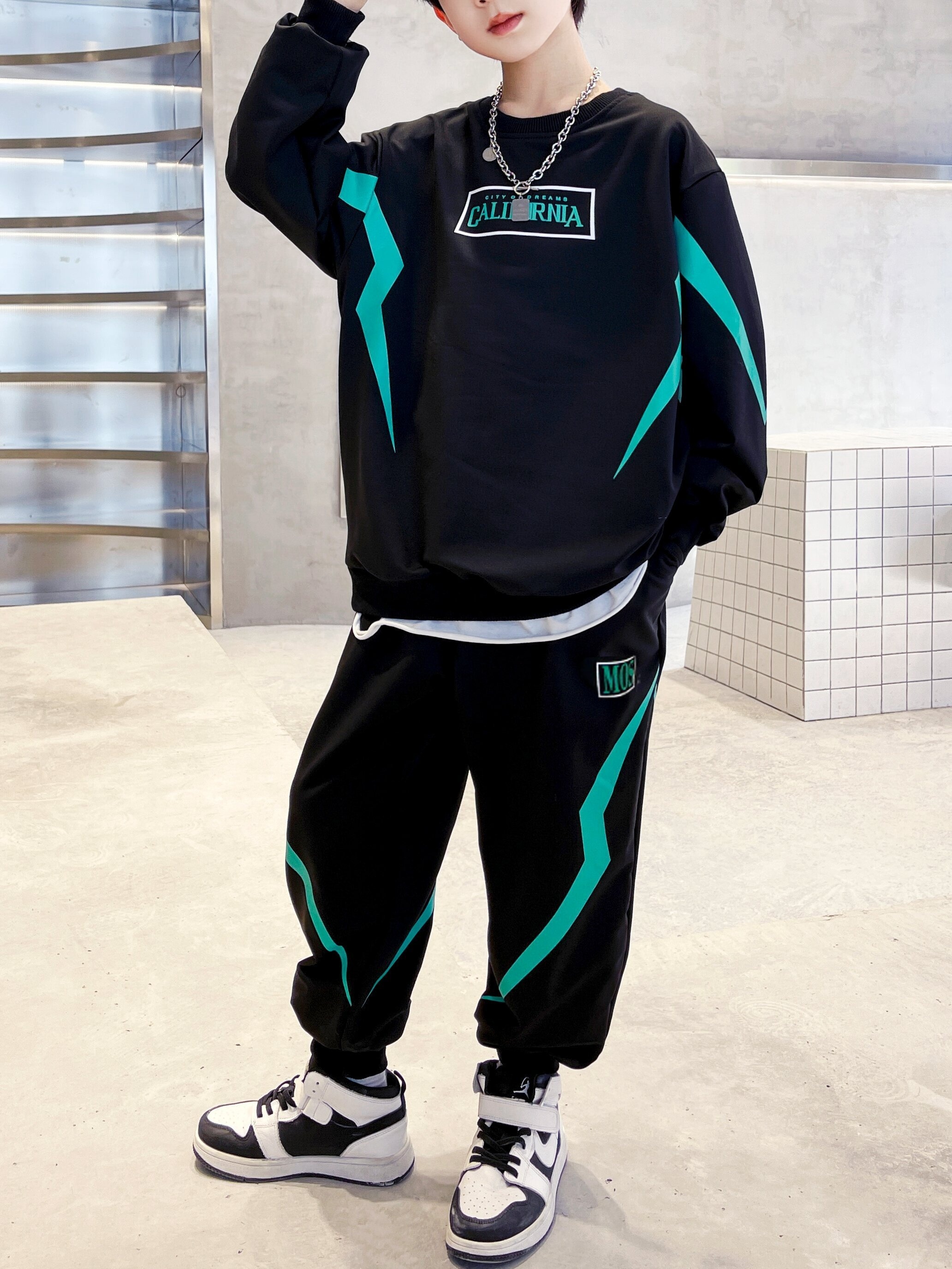 boy's color outfit letter print sweatshirt sweatpants - Temu