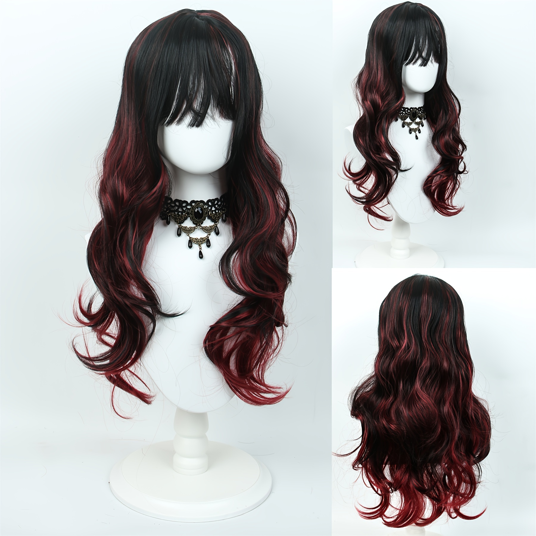 

Heat-resistant Black & Burgundy Wavy Cosplay Wig With Bangs - Perfect For , Parties & Music Festivals