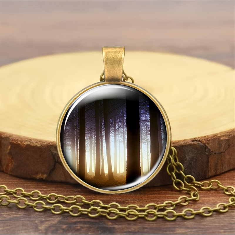 Classic Brown Metal Chain Necklace with Forest Scene Mirror
