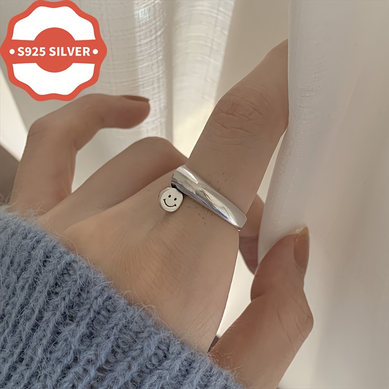 Vintage Smile Adjustable Cuff Ring 925 Sterling Silver Open Band