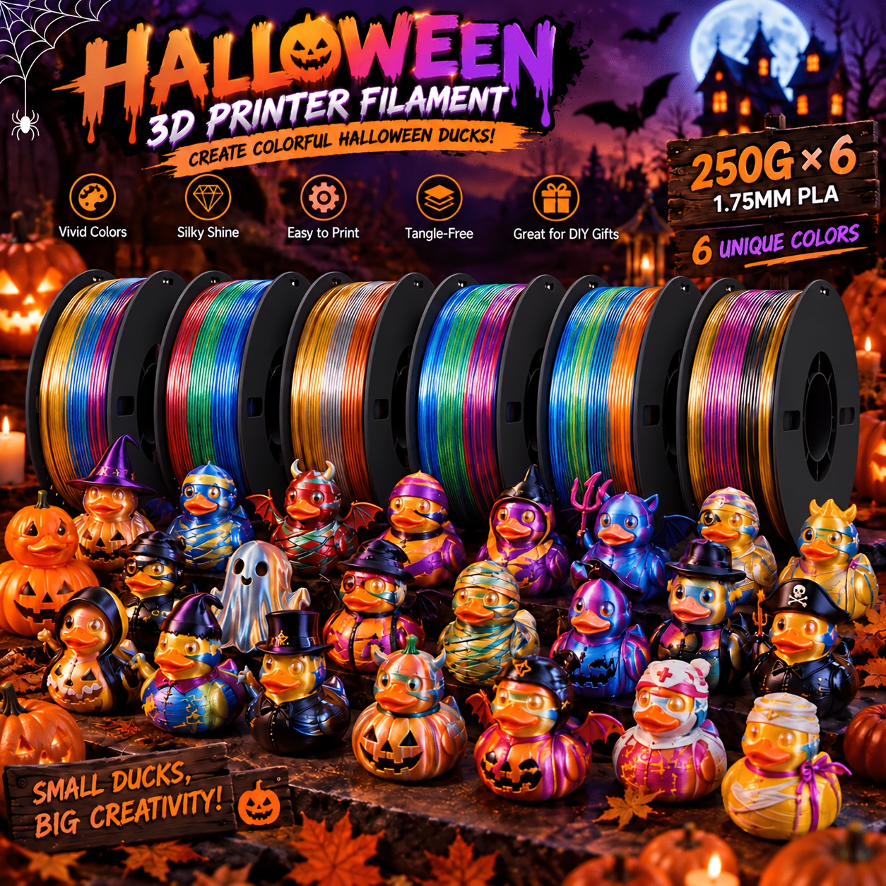 TEMU Halloween 6-pack Pla Filament, 250g X 6 (1.5kg Total), 6 Unique Combinations With Glossy Finish, Smooth Printing, -.75mm 3d Printer Filament For