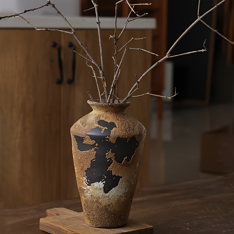 A Rustic Ceramic Vase from a Countryside Cottage - a Vintage-Style Wide-Mouth Decorative Piece, Suitable for Home, Living Room, And Dining Table Decor, Vase Home Decoration