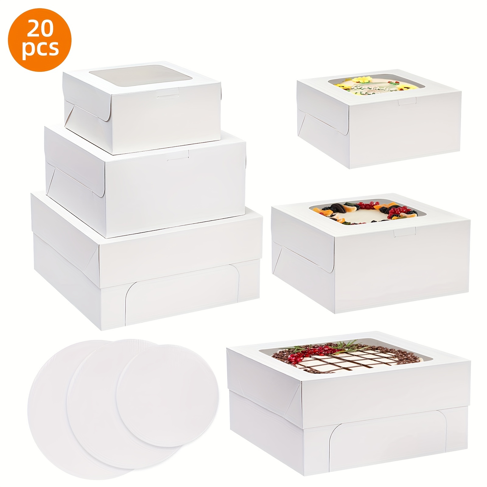 

20 Pcs Cake Boxes, 12x12x6, 10x10x5, 8x8x4 Inch, White Bakery Boxes With Window And 20pcs Cake Boards, 3 Sizes Sturdy Pie Dessert Cupcake Cookie Boxes, For Weddings, Holiday Parties, Family Gatherings