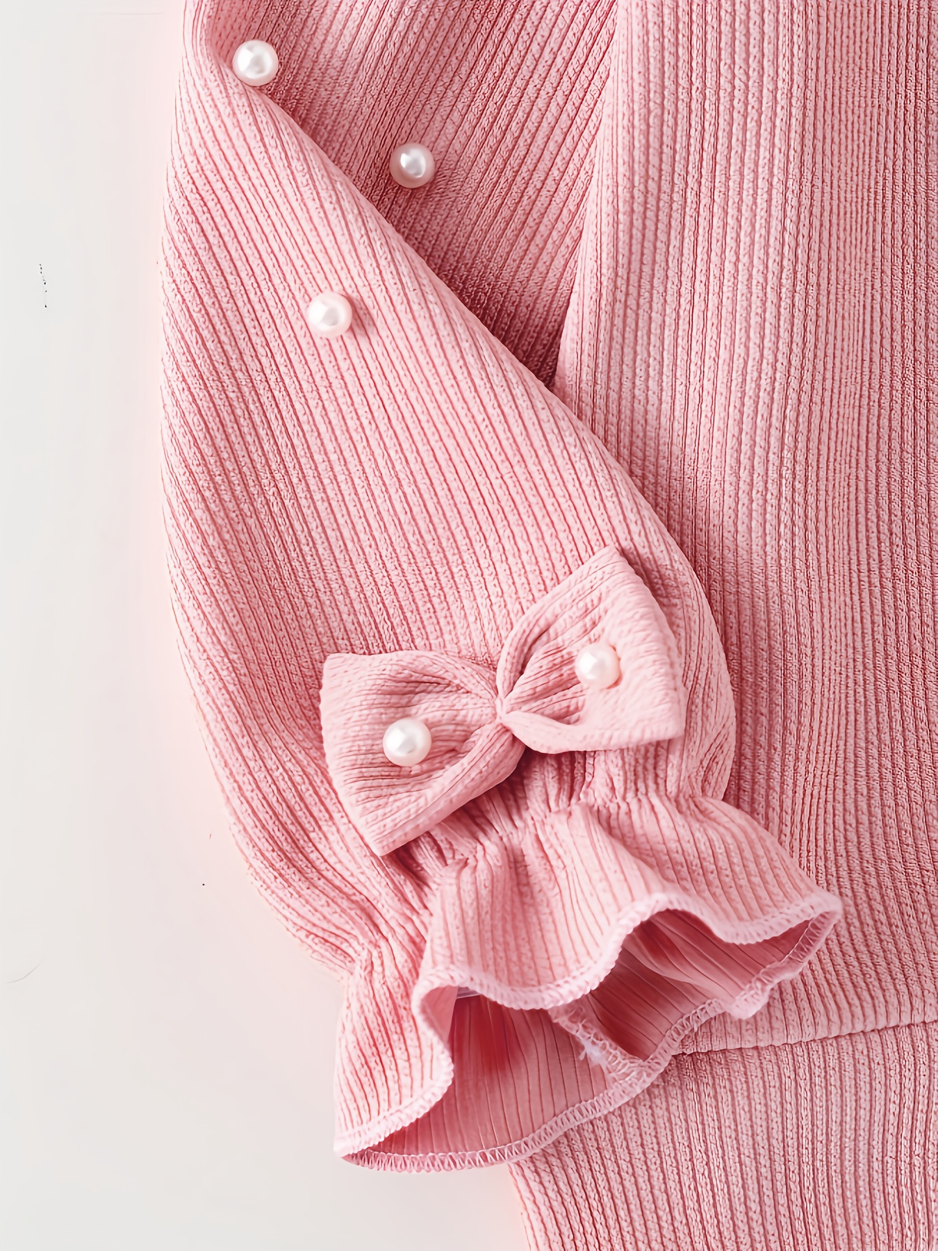 Girls' Long Sleeve Solid Color T-Shirt with Pearl Bow Decor