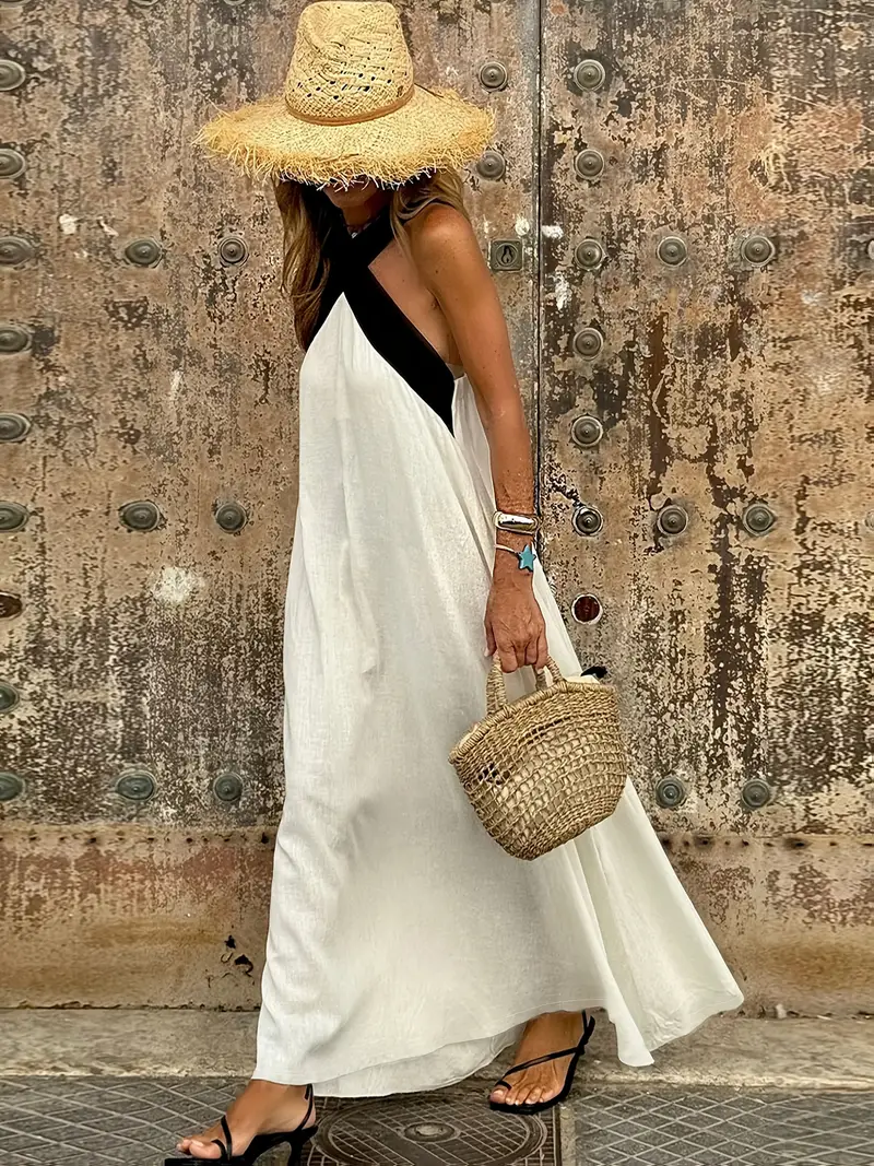 Women's Elegant Casual Vacation Dress - Cross Neckline Color-Block Long Dress with Asymmetrical Hem, Breathable Fabric for Spring/Summer, Beach * & * ... Women's Elegant Casual Vacation Dress - Cross Neckline Color-Block Long Dress with Asymmetrical Hem, Breathable Fabric for Spring/Summer, Beach * & * ...
