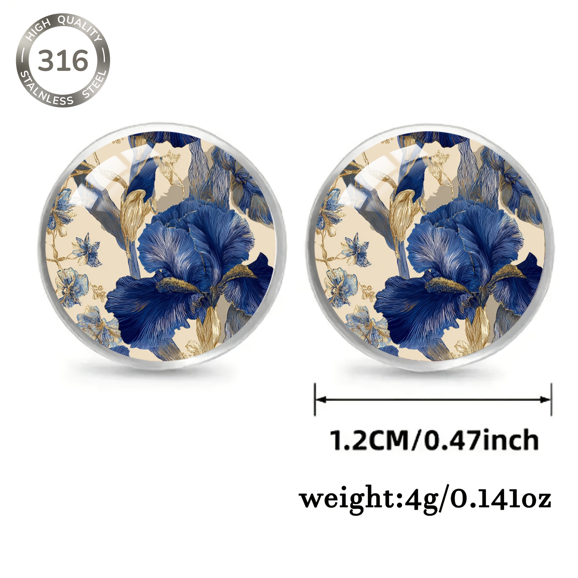 Men's Blue & Golden Iris Pattern Stainless Steel Earrings