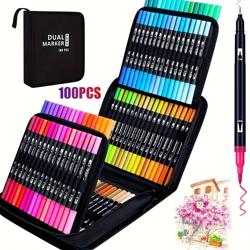100pcs dual tip brush pens 100 colors of fine point art markers aesthetic cute adult book card painting teacher office supplies