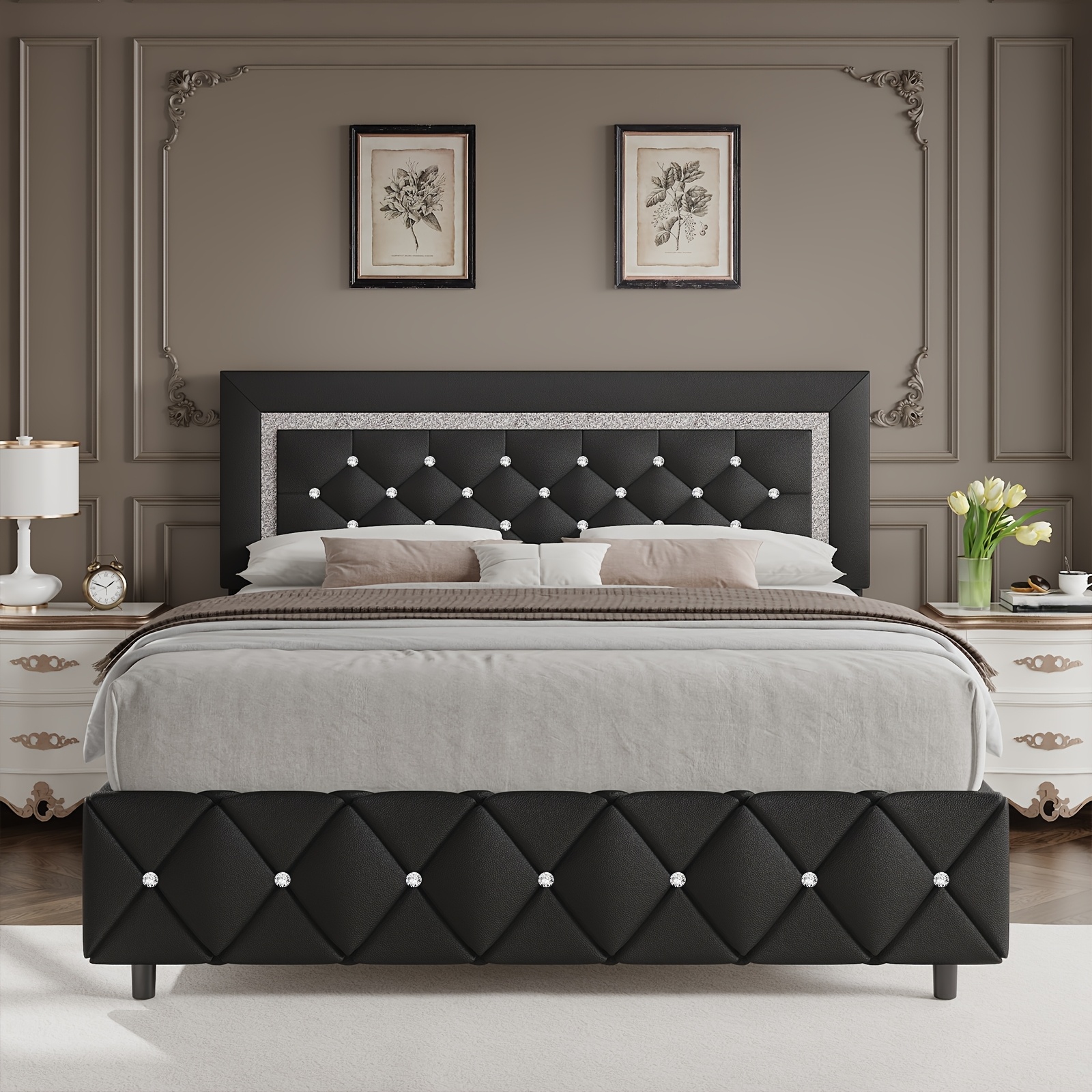 TEMU 4ever2buy Twin Full Queen King Platform Bed Frame With Upholstered Diamond Headboard, Mattress Foundation With Strong Wooden Slats Support,
