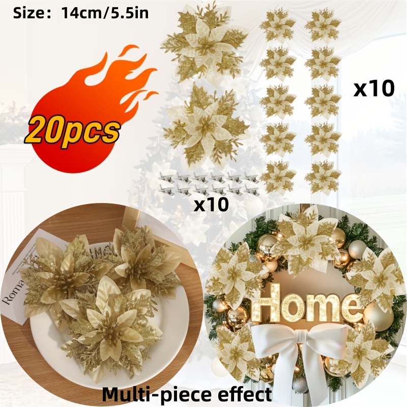 TEMU Lot de 20 fleurs de Noël artificielles rouges brillantes avec pinces et tiges - Parfait pour décorations d'arbre, mariages et décorations de