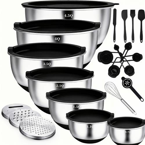 21pcs 7pcs mixing bowls with lids set stainless steel nesting salad bowls with 3 grater attachments 7pcs measuring spoons and non slip silicone kitchen bowls for cooking baking and food prep stackable serving