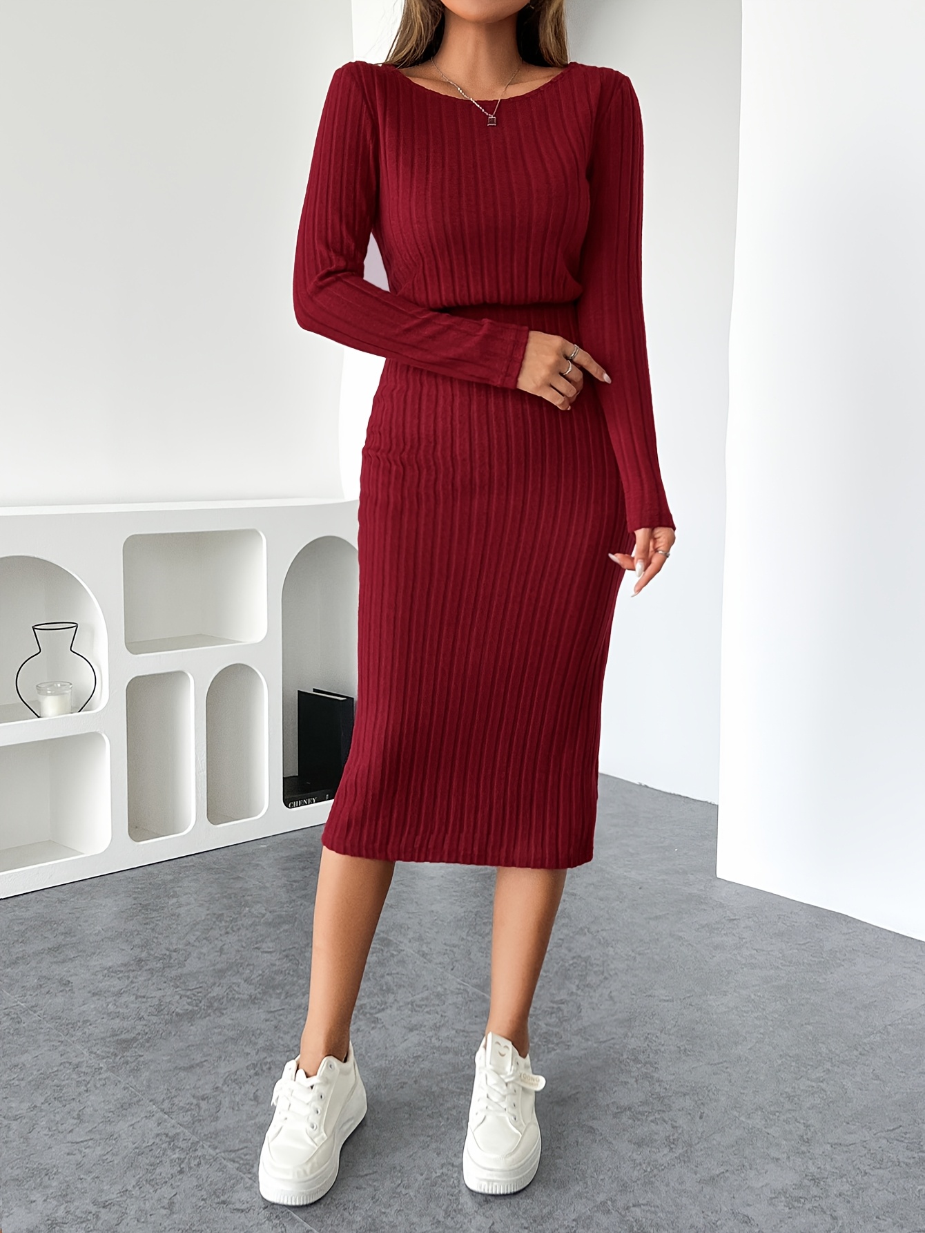 womens elegant ribbed dress high bodycon midi - Temu Greece