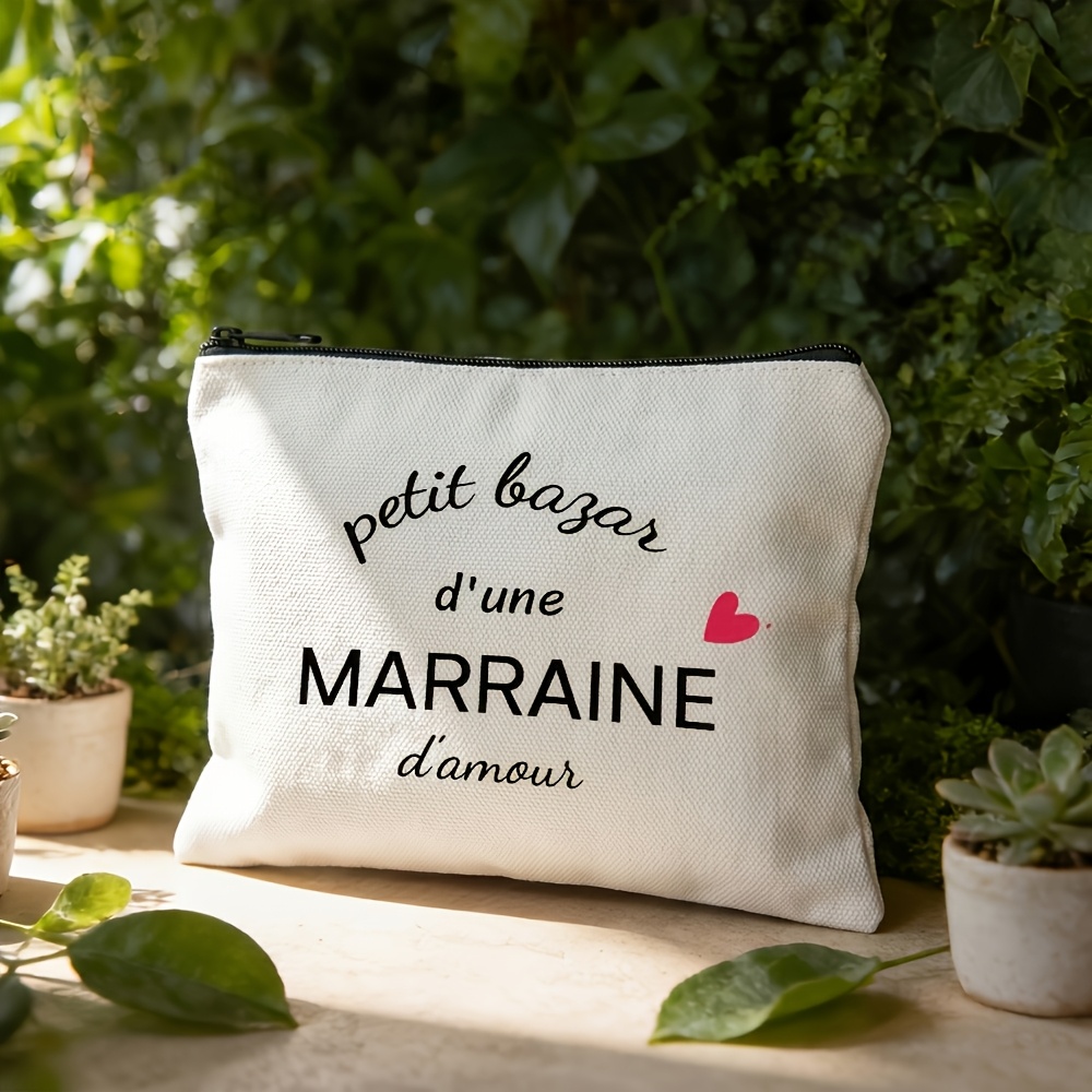 TEMU 1 pièce Cadeau de -marraine français pour baptême - Trousse de maquillage à imprimé cœur "petit D'une MARRAINE ", lettrage manuscrit français et