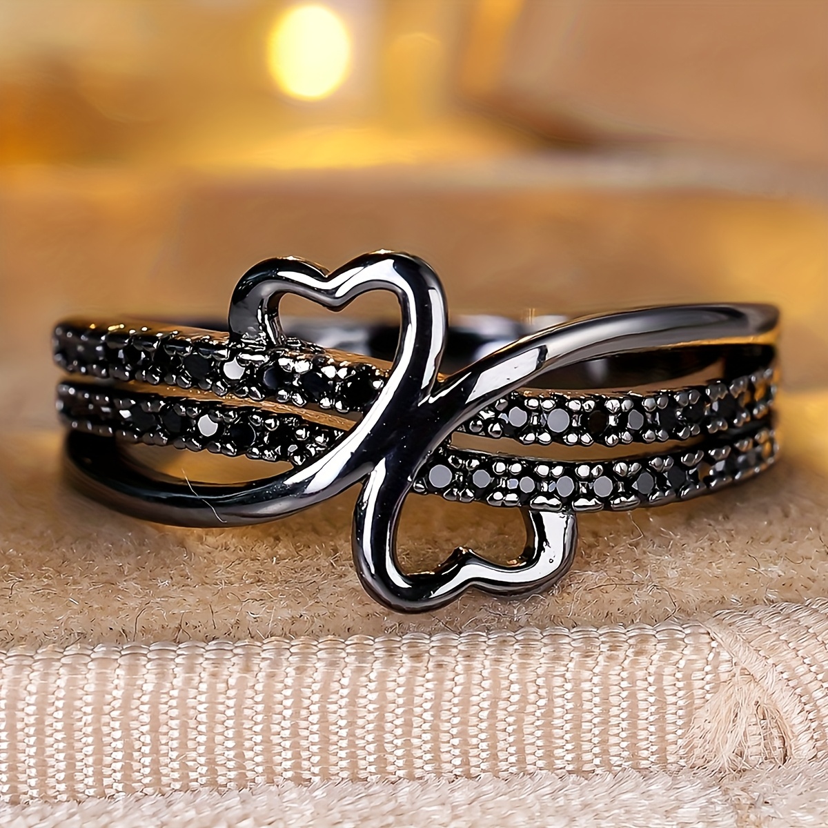 TEMU Angol Black Heart-shaped Ring With Black Synthetic Synthetic Zirconia Inlay, Women's Classic Luxury Exquisite Jewelry Accessory