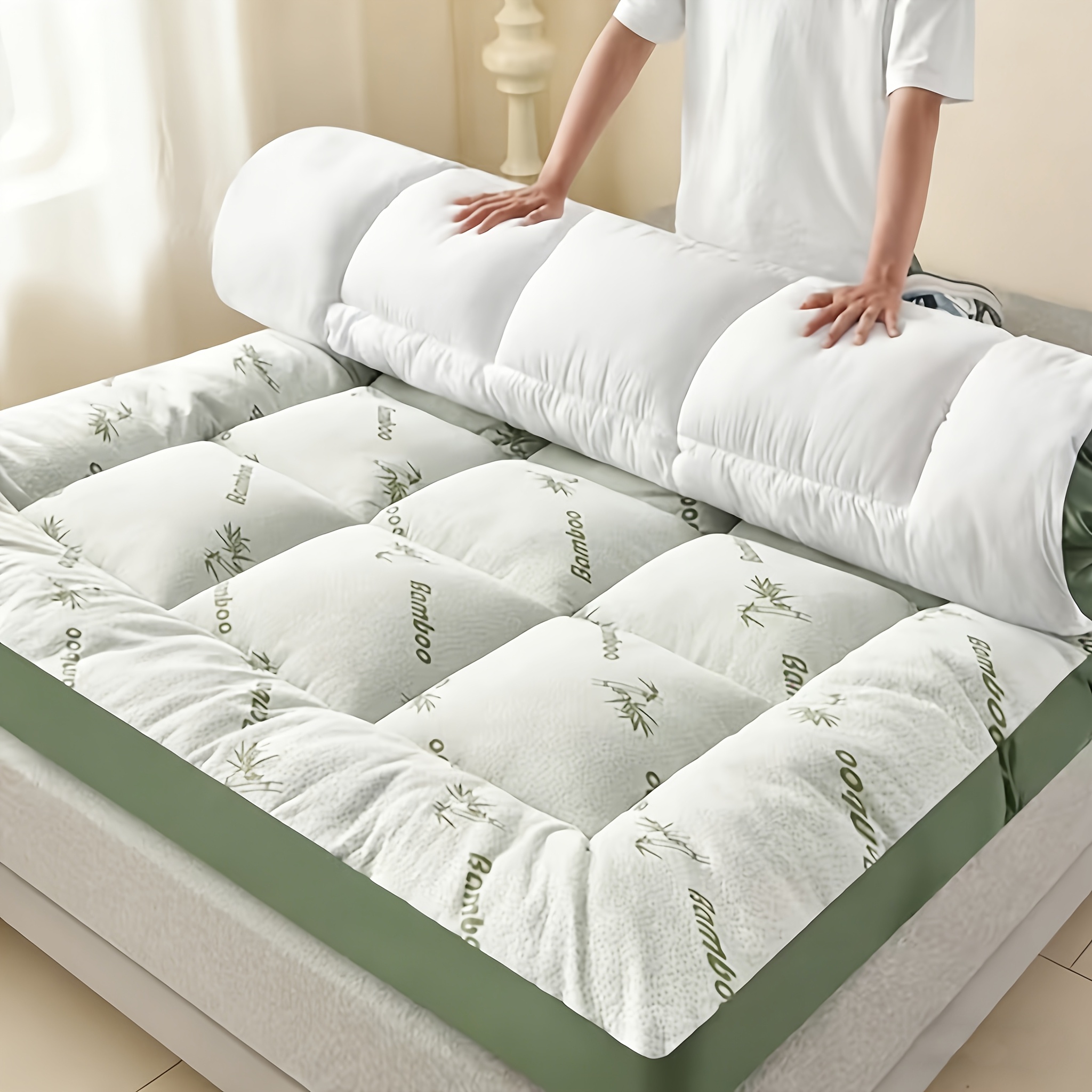 1pc   topper 1200gsm bamboo fiber filling cooling   ideal for hot sleepers hotel quality pillow top mattress cover machine washable mattress pad bed   size best gifts  