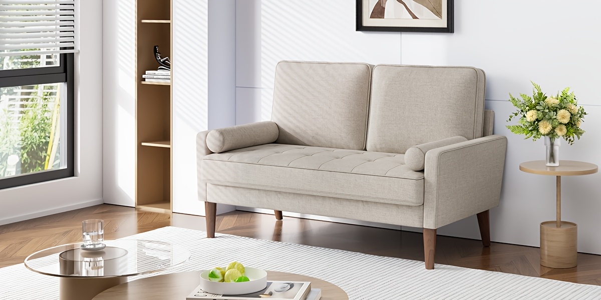 linen sofa with   small 2 seater for living room bedroom office comfy couch with armrests   seat in ashbeige details 4