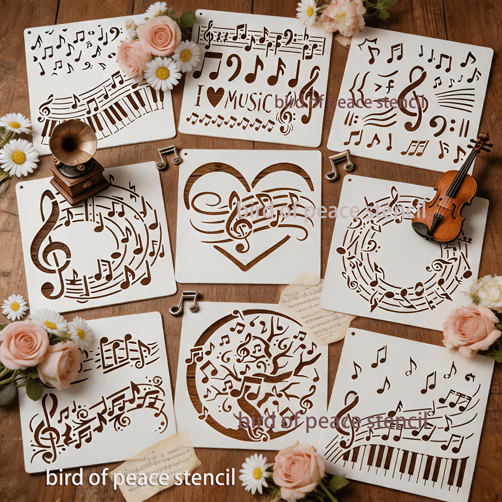 TEMU 9pcs Music Note Pattern Stencils, Stencil, Washable Template, 6x6 Inches, Reusable For Walls, Canvas, Textiles, Handmade Crafts, Furniture