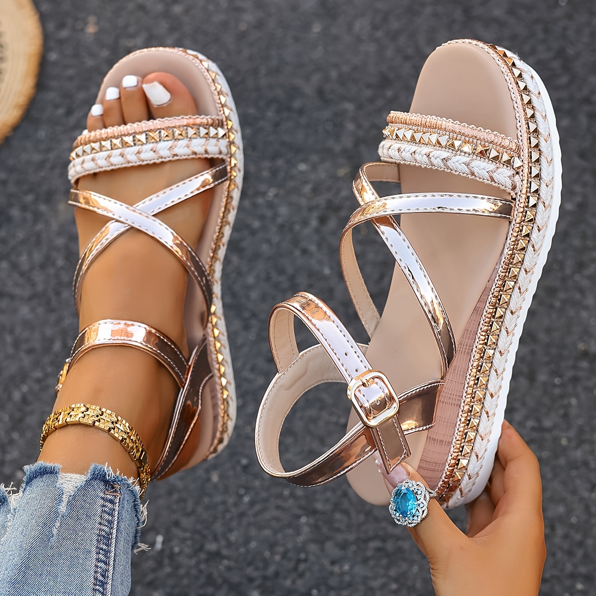 TEMU Dames Gouden Stukwerk Slingersandalen, Gevlochten Platform Hak met Enkelband, Dames Schoenen