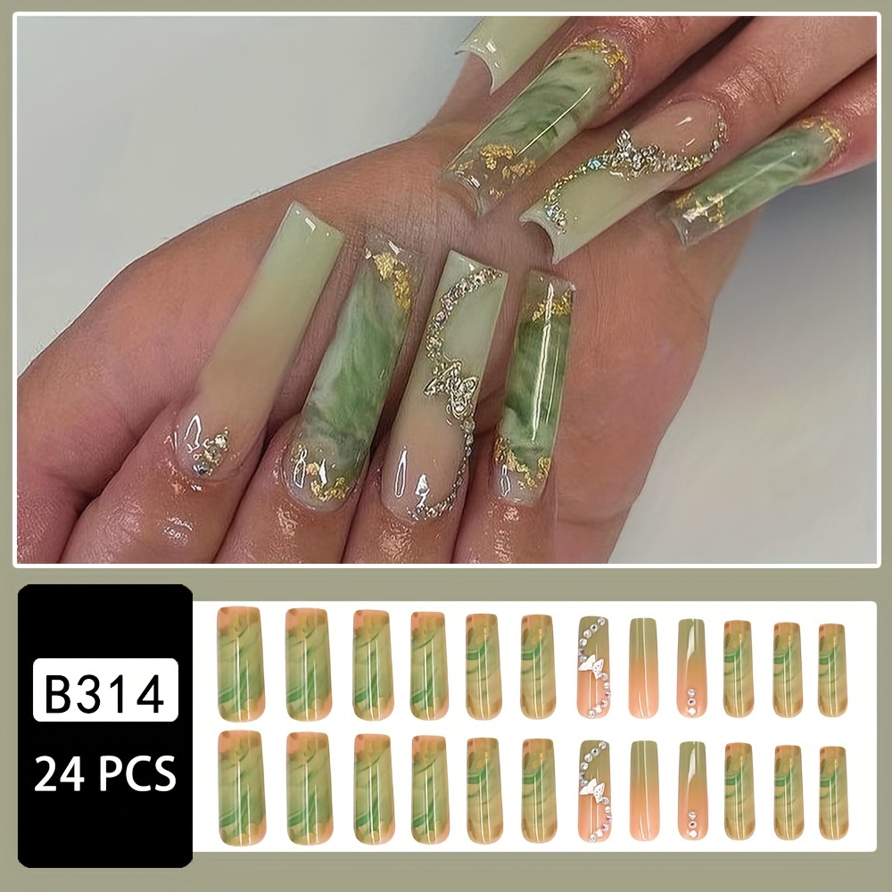 TEMU Améliorez Votre Beauté 24pcs Longues Faux Ongles Papillon Argenté Métallique Brillant Strass Étincelant, Faux Ongles à et Tendance, Adaptés aux