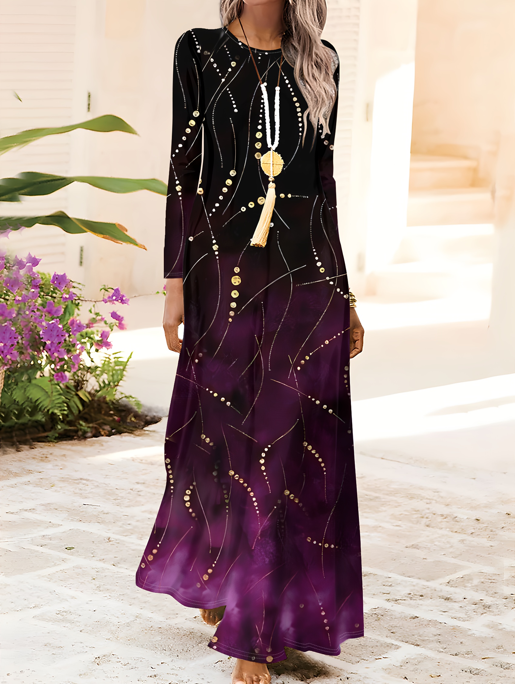 Spring And Autumn Abstract Swirls Dots Lines Gradient Round Neck Women'S  Long Sleeve Dress