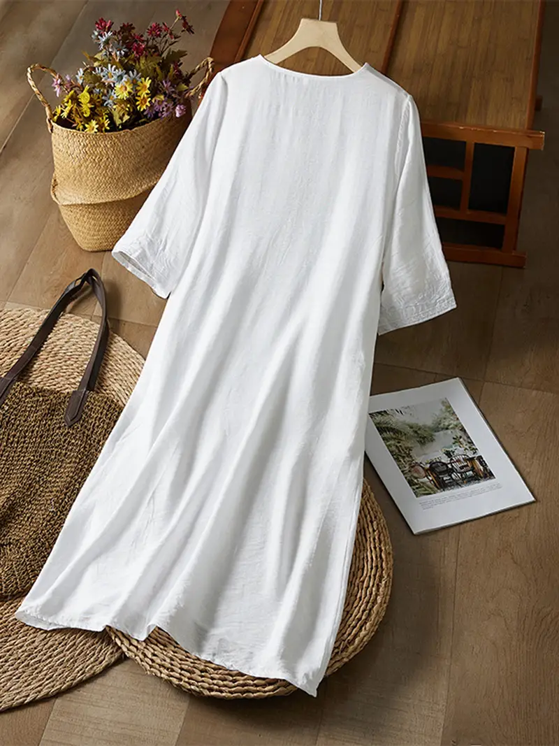 linen dress aliexpress Retro Women Loose Blouse Cotton And Linen Dress Summer Female Beach Sand Three Quarter Sleeve Button