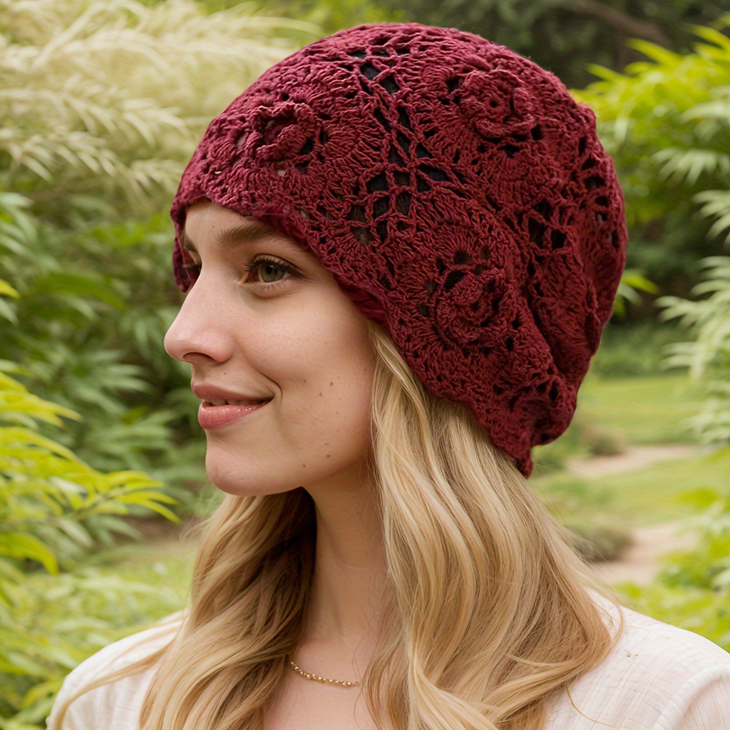 Handmade Crochet Flower Maroon Beanie Hat for Women Vintage Breathable  Lightweight, Non-Stretch with Button Closure, Spring