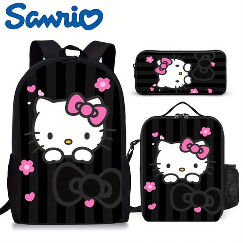 3pcs backpack set for women men cute kt cat cartoon bookbags with insulated lunch bag and pencil case lightweight durable commuting design zipper closure large capacity laptop bag casual travel backpack 17 inch