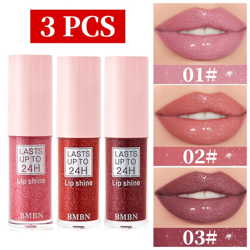 Image of 3pcs Shiny Lip Gloss, Long-lasting Waterproof, Sparkling Lipstick, Glossy Pearlescent Metallic Lipstick, Berry Tones/pink Tones, Suitable For Tones, Great Holiday Gift