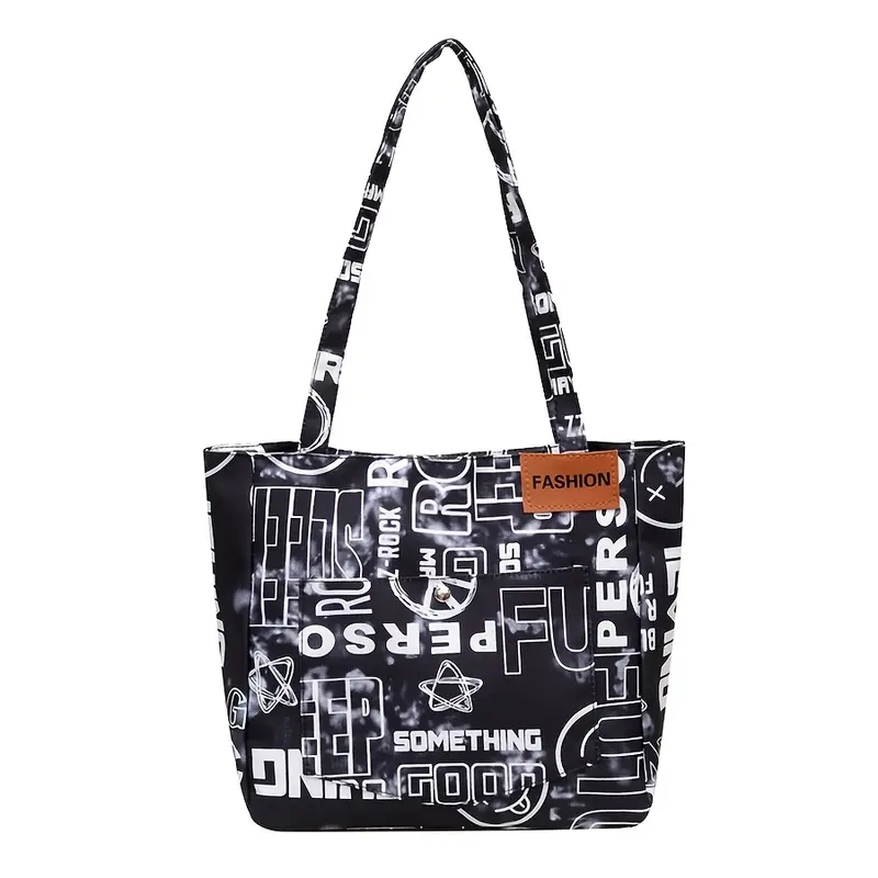 1pc steampunk style oxford cloth tote bag fashion shoulder bag with fixed straps foldable with magnetic closure polyester lined large capacity graffiti letter print shopper details 6