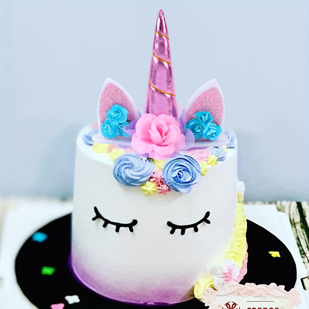 

3pcs/set Unicorn Cake Topper With Eyelashes, Birthday Party Supplies Unicorn Cake Decoration Pink Unicorn Horn Cake Topper Unicorn Birthday Decorations For Girls First Birthday Cake Topper With Base