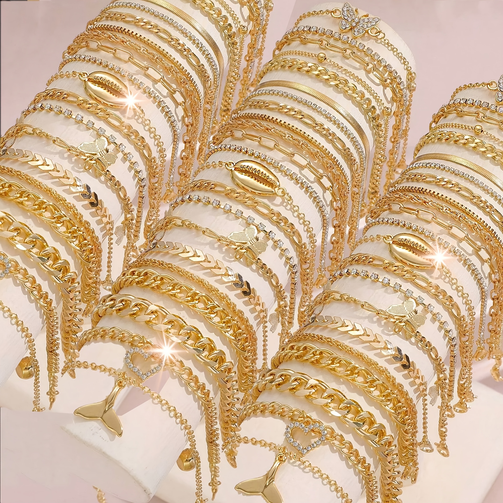 Image of 22pcs/set Or 44pcs Bohemian Vintage Multi-style Heart Synthetic Zirconia Women's Stackable Anklet Set, Perfect For Casual Attire Or Holiday Gift