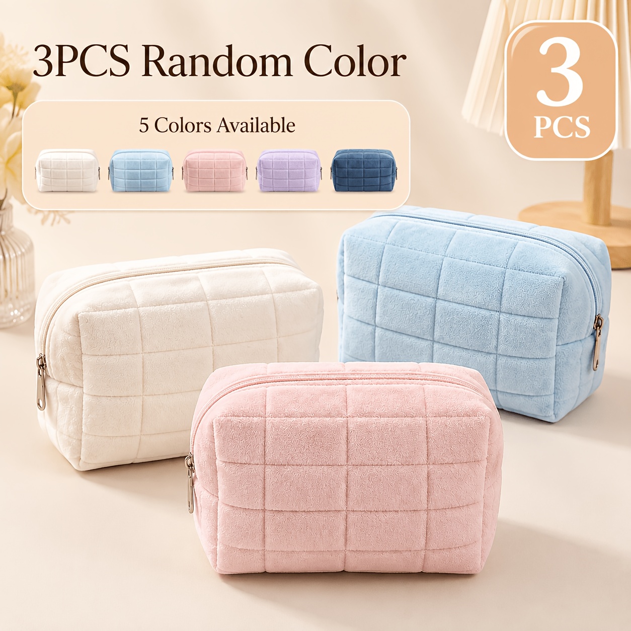 TEMU 3pcs Random Cosmetic Bag Set, Soft Quilted Makeup Pouch With Zipper, Large Capacity Travel Toiletry Organizer For Women