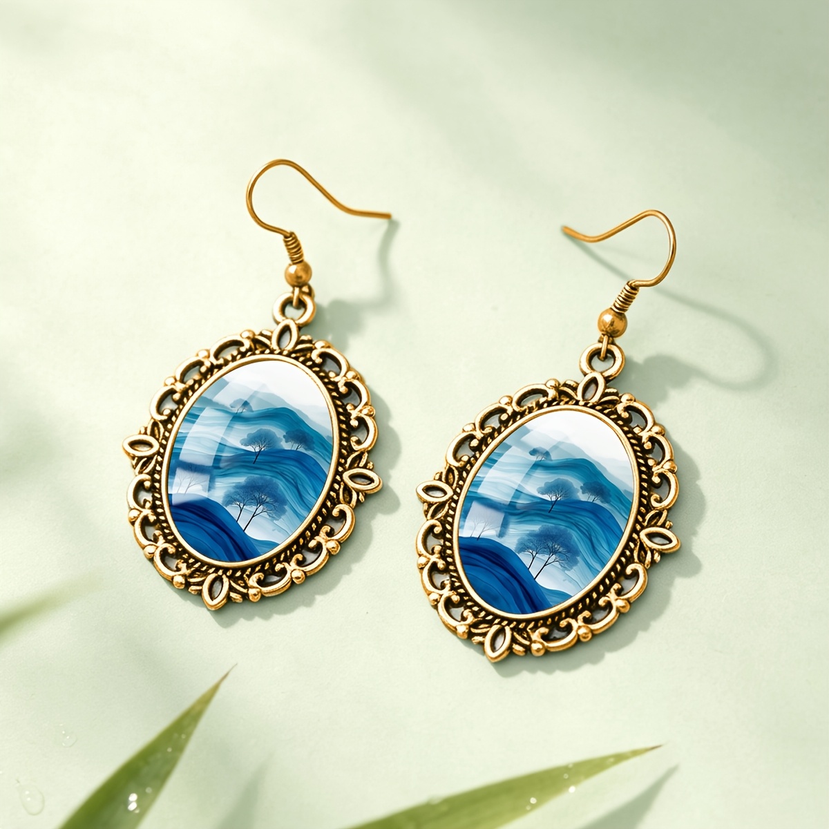 Blue and White Porcelain Fluid Blue Lone Tree Pattern Earrings