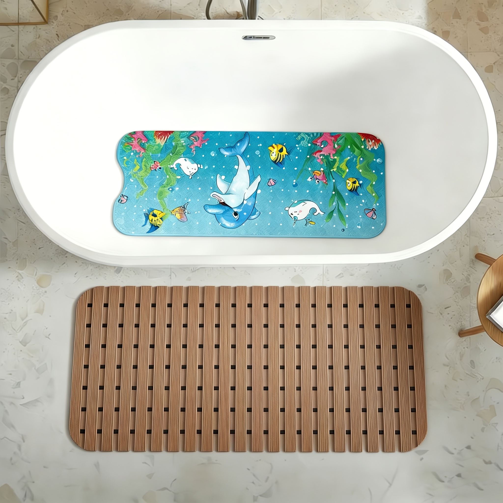 Image of A Non-slip Bathtub Mat With Notches, 40 X 100 Cm / 16 X 39 Inches, Featuring , Dolphin, Crab, And Coral Pattern Designs. Made Of Durable Pvc Material