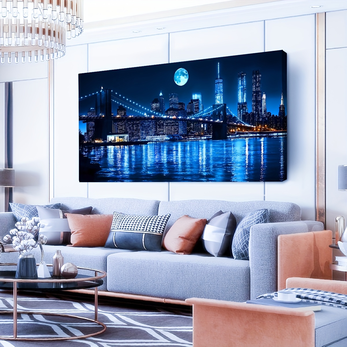 2D Flat, 2D Flat, Contemporary Urban Landscape Artwork, Art Deco Design, Deep Blue Canvas Print, Stylish Home Decor, Ideal for Display in Living Room, Bedroom, Or Study, Sturdy Wooden Inner Frame - Image 4