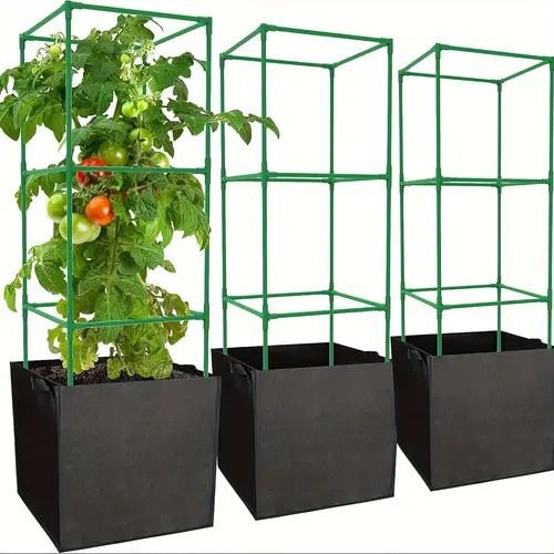 3 packs 47 x 16 x 16 inch garden tomato cages with 17 7 gallon grow bags square plant support trellis assembled with planter bags garden cucumber vegetables frames for vertical climbing plants