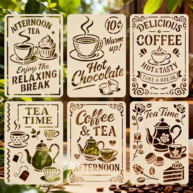 Image of 6pcs Coffee Bar Craft Templates - Reusable & Easy-to-clean Polyethylene Terephthalate Stencils For Painting, Doodling, Wall Art, Home Decor, Scrapbooking