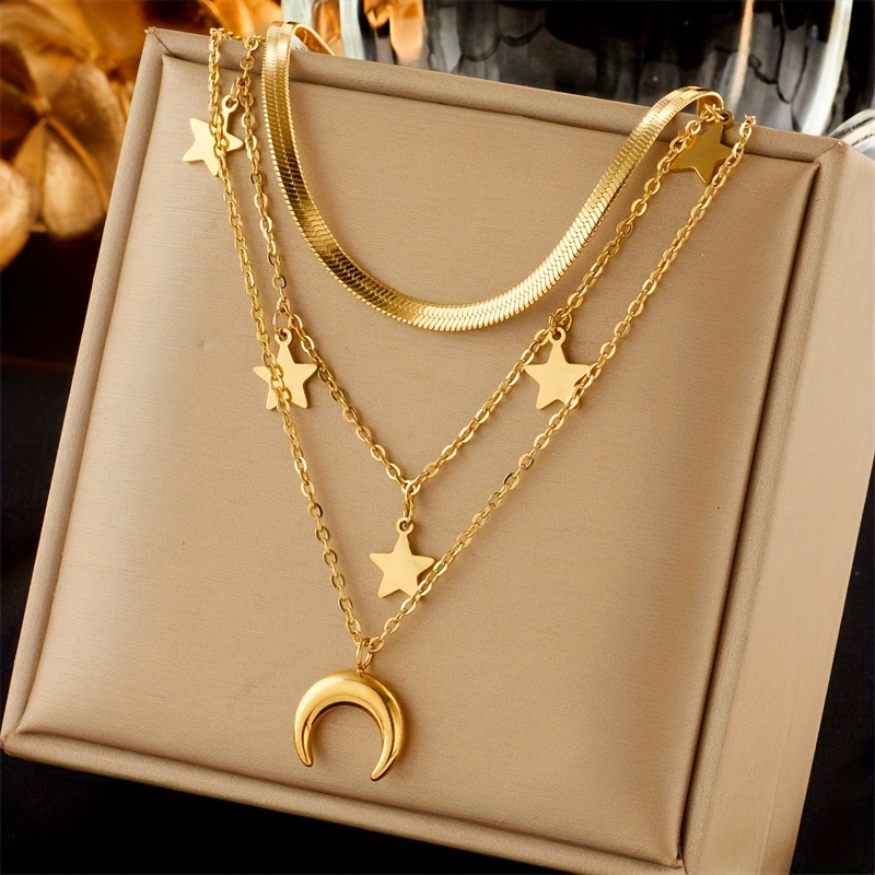 Image of Sweet And Luxurious Japanese And Korean Style Layered Moon Stainless Steel Pendant Necklace