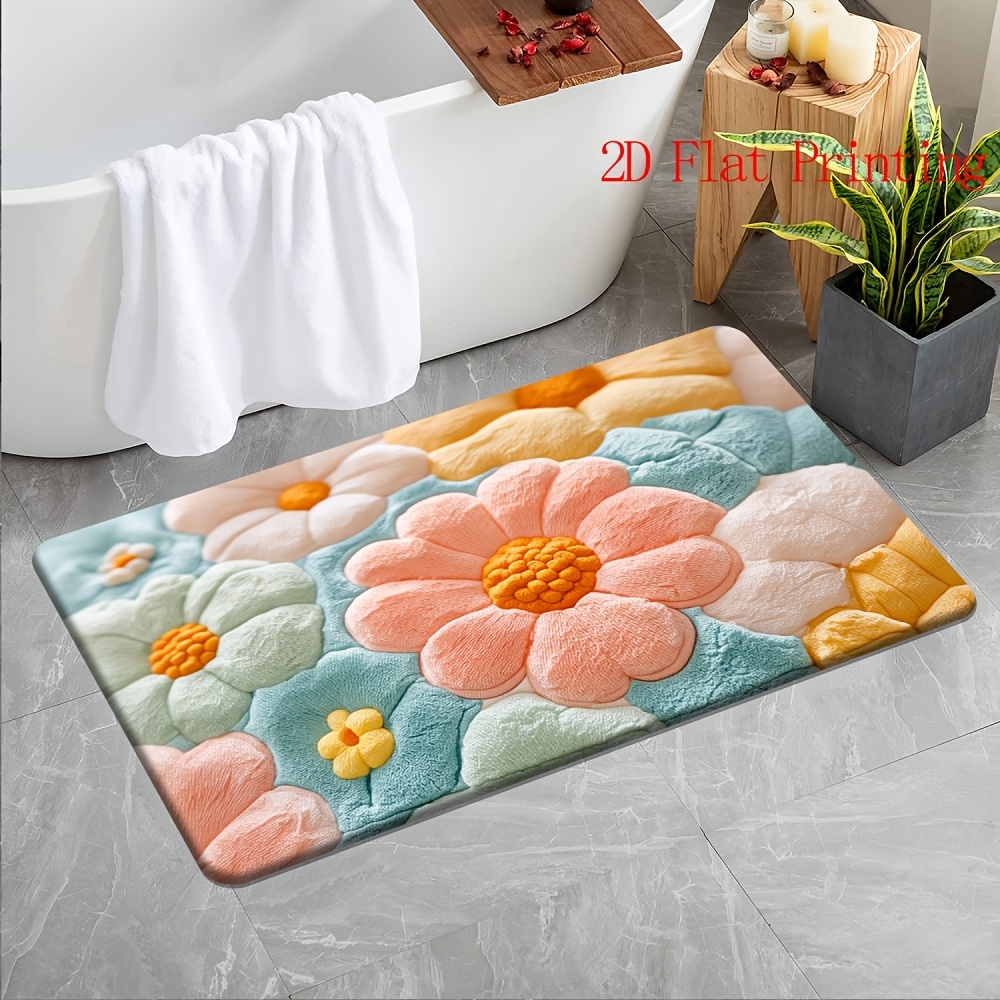 TEMU [Produit] [Flanelle et matériau en éponge de 1 cm d'épaisseur] 1 tapis de bain à motif floral avec flanelle douce, dos antidérapant, lavable en