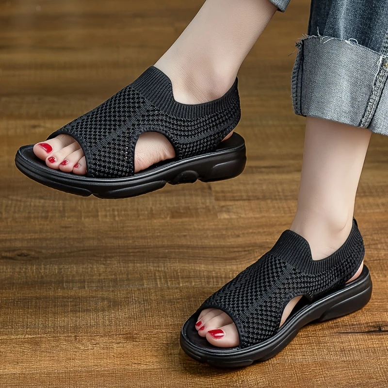 womens summer knit flat sandals lightweight soft sole non slip casual open toe slip with eva insole and cover sole strappy sandals details 3