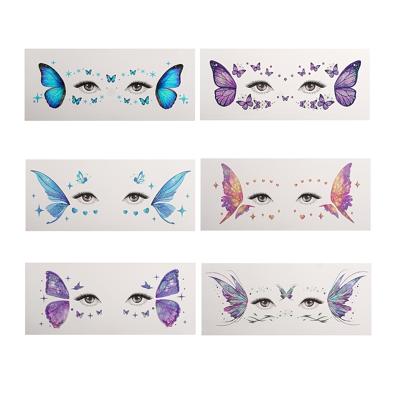 Image of 6pcs Glitter Temporary Face Tattoo Stickers, Women's Eye And Face Makeup Decoration; Sparkling Ethereal Body Art, Glitter Waterproof Fake Tattoos, Stage Performance And Holiday Party Eye Makeup Decor