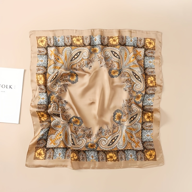 Vintage Light Luxury Khaki Walnut Sunflower Print New Style Satin Square Headscarf For Women' Outdoor Wear