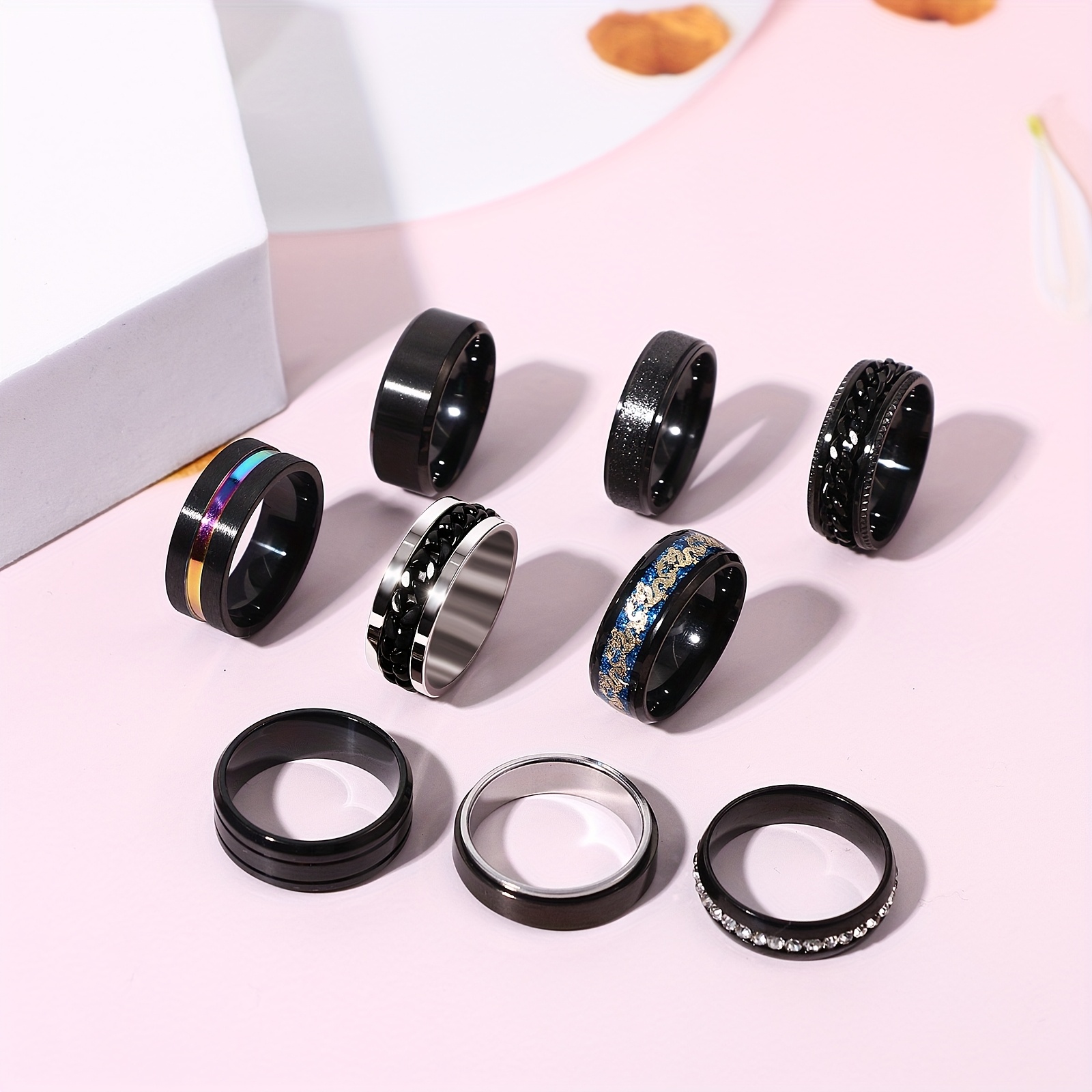 mens stainless steel fidget spinner rings cool rotating ring set black omnidirectional stainless steel anxiety rings set of 9 Product details 7