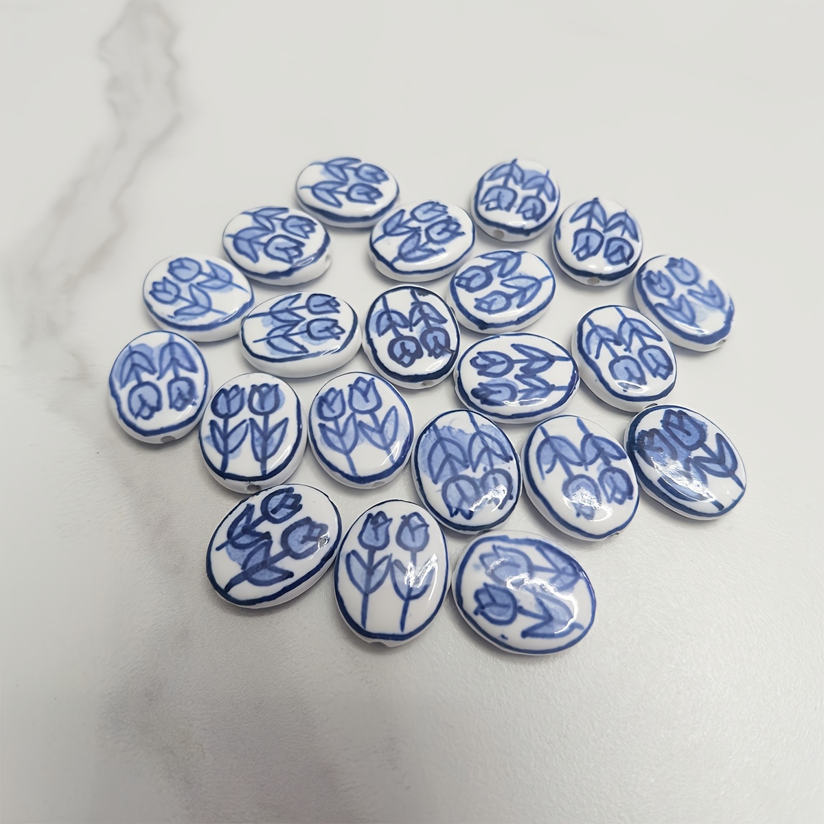 

5pcs Remoh Hand-painted Tulip Ceramic Beads, Oval Shape Fashion Decorative Spacer Beads, Plant Theme Porcelain For Making, Valentine's Day & Day Gifts