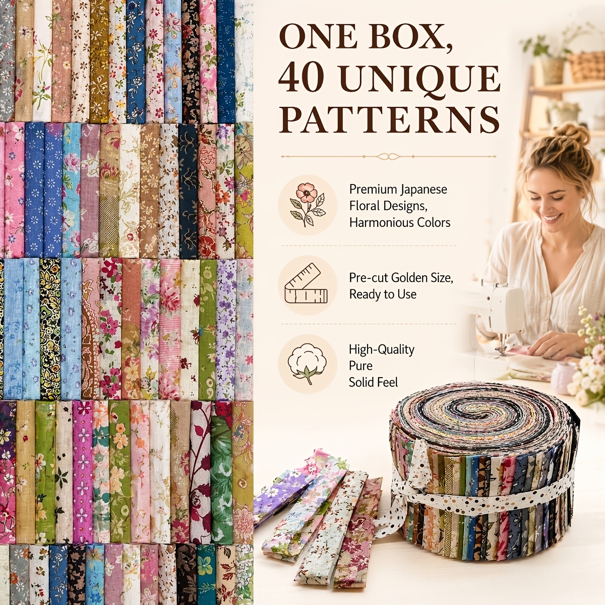 TEMU 40pcs Of Vintage Floral Fabric Strips, Pre-cut Rectangular Squares, Size 6.5x25cm/2.56x9.8in, With Rich And Patterns, Soft And Comfortable - Diy