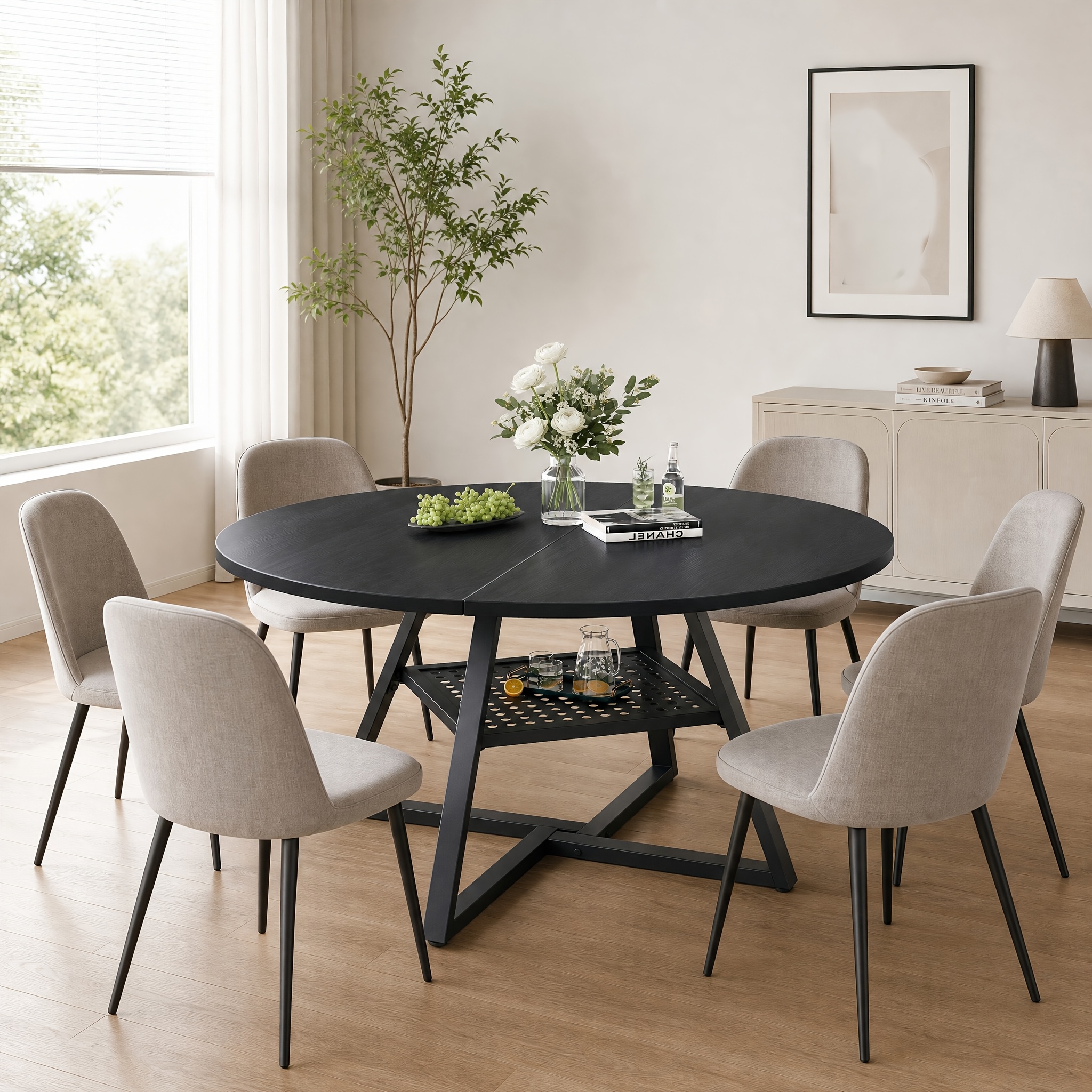 Round Dining Table 100/120cm With Grid Shelf, Kitchen Table With Adjustable Feet, Industrial Style Dining Table For 4-6 People, Chairs Not Included