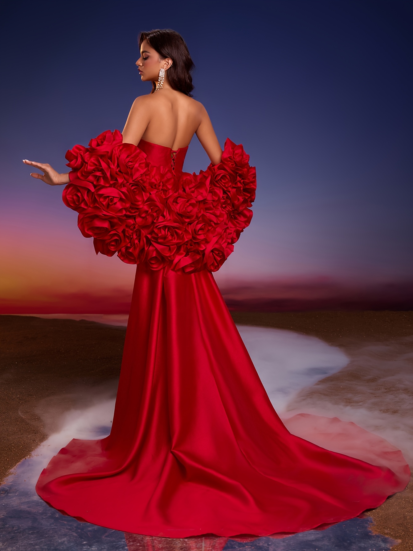 fitted lace wedding dress Off Shoulder Bell Sleeve Rosette Gown In Super Red main image 1