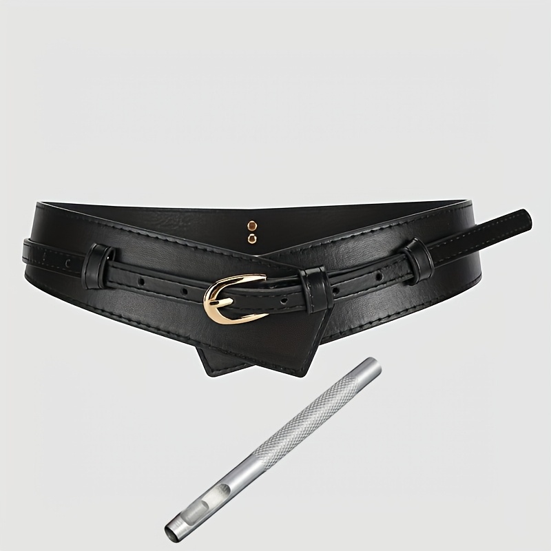 TEMU Women's Wide Belt With Punching Tool, To Wear, Convertible Or Detachable Fashionable Belt, Golden , Adjustable Retro Waist-cinching Belt,